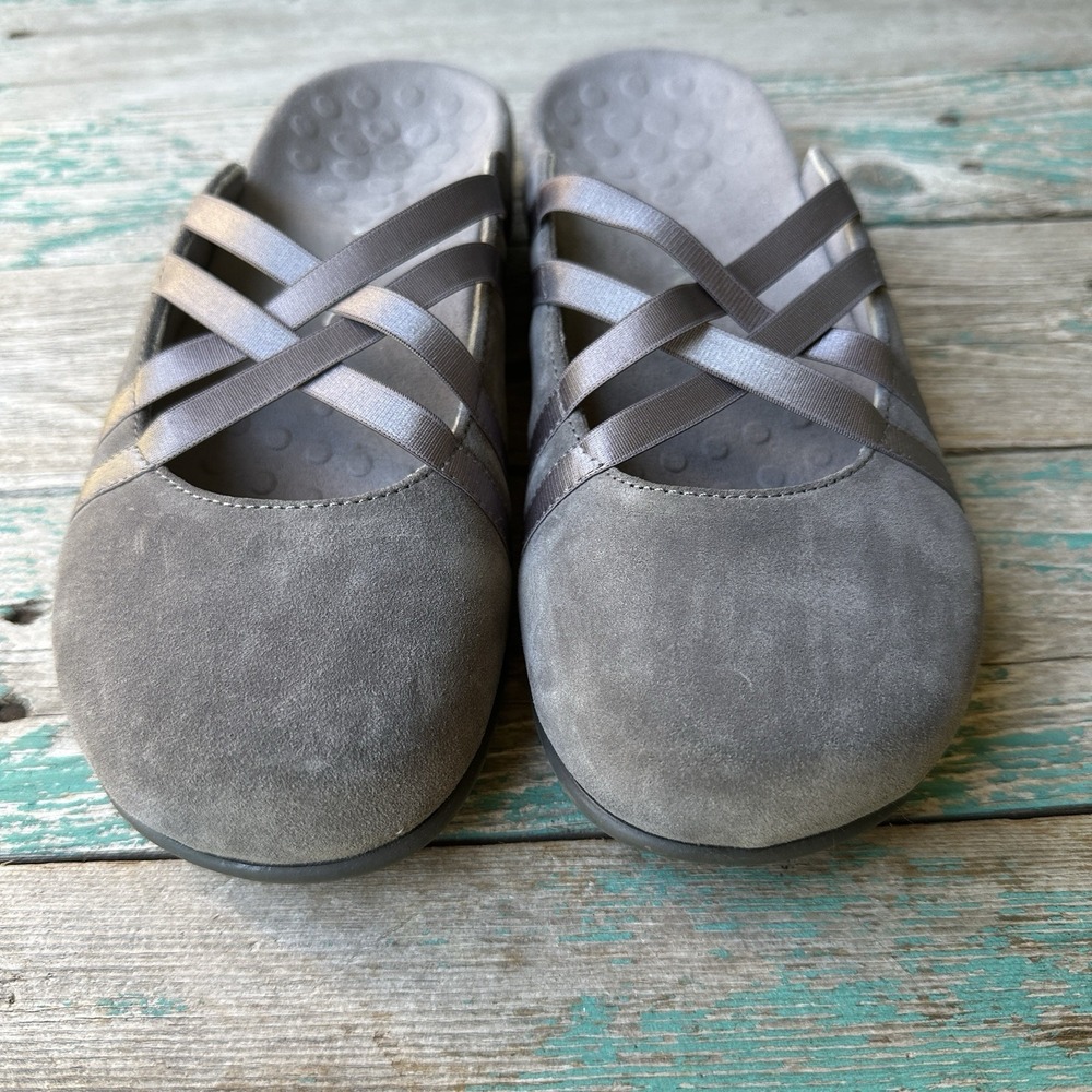 Vionic Gray Suede Slip-On Mules with Crisscross Straps - Picture 8 of 9